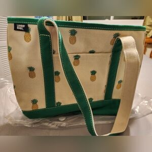 Lands' End Green and Cream Pineapple Tote Bag